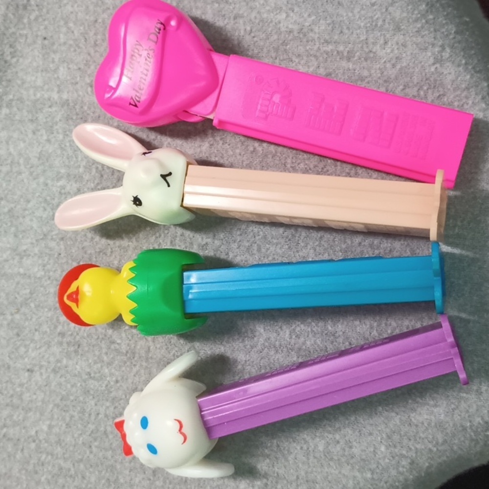 Vintage PEZ Lamb, Chick in Nest, Bunny, Pink Heart (Easter & Valentine's)